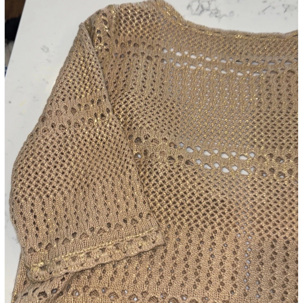 Cache Gold Metallic Short Sleeve Cardigan Size Large 100% Cotton Crochet EUC - Picture 6 of 7